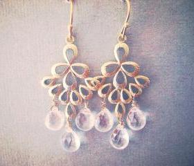 Gold Chandelier Earrings, Rock Crystal Quartz 