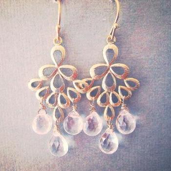 Gold Chandelier Earrings, Rock Crystal Quartz 